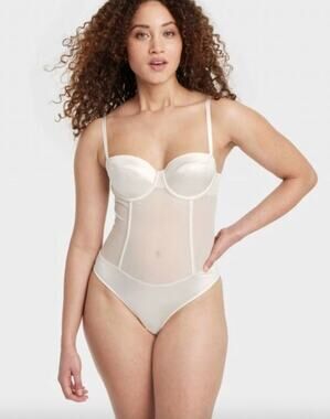 NWT Auden Women's Satin & Mesh Lightly Lined Lingerie Bodysuit Cream White Med
